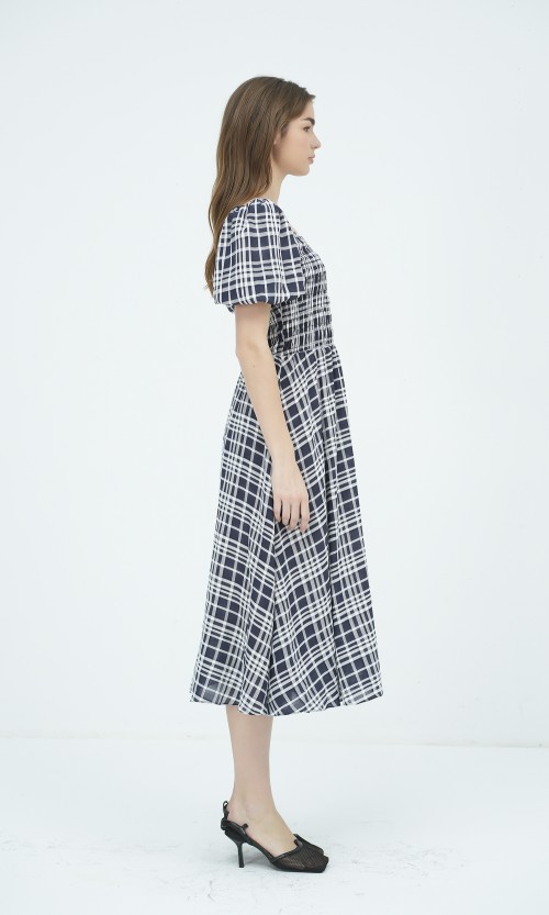 SIXDO G-Navy Short Sleeves Woven Flared Dress for Women